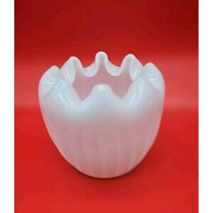 Vintage FENTON White Milk Glass Rose Bowl Vase Ribbed With Crimped Edges 4.25"